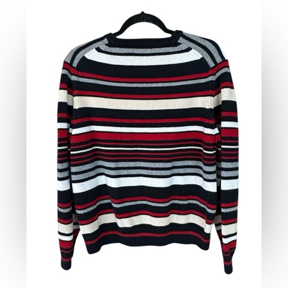 St. Johns Bay Womens Pullover Striped Sweater 100% Cotton V Neck Navy Red XL - Picture 2 of 7